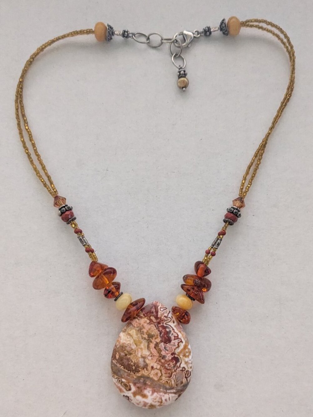 925 Sterling Large Tear Drop Jasper Pendant Amber Chip Agate Beaded Necklace